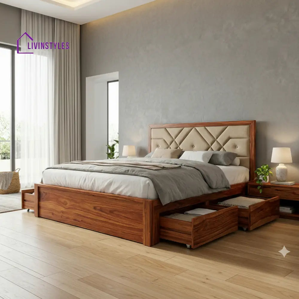 Tristan Premium Sheesham Wood Bed with Fabric Headboard
