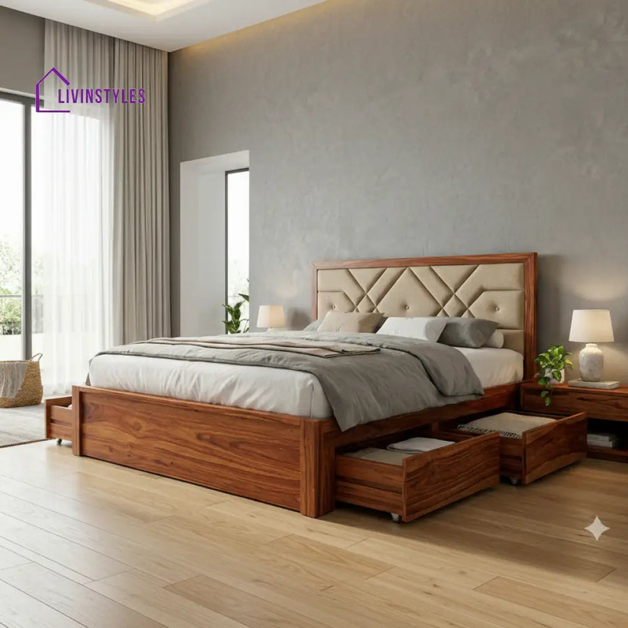 Tristan Premium Sheesham Wood Bed with Fabric Headboard