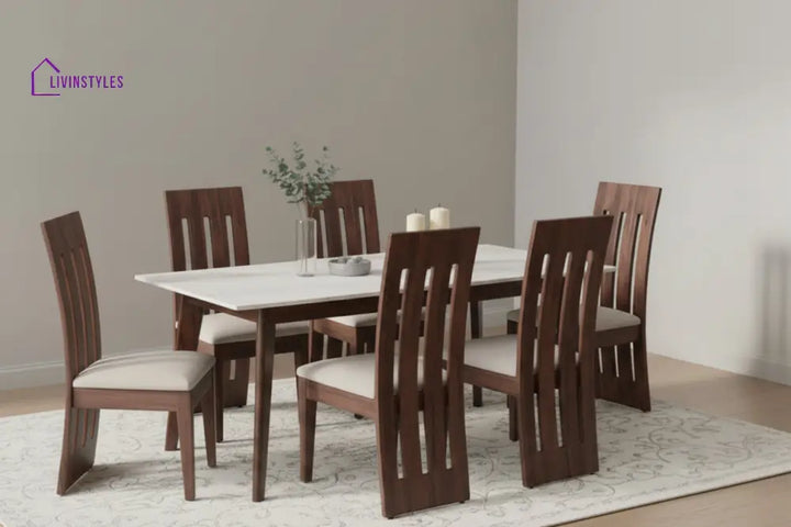 Tuan 6 Seater Dining Sets Compact with White Ceramic Marble Top