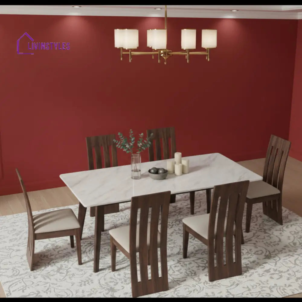 Tuan 6 Seater Dining Sets Compact with White Ceramic Marble Top