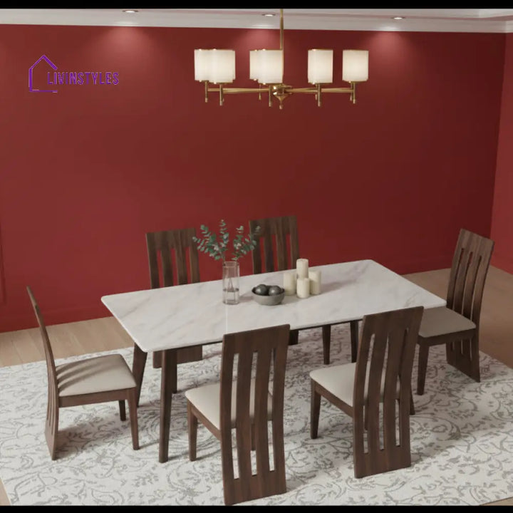 Tuan 6 Seater Dining Sets Compact with White Ceramic Marble Top