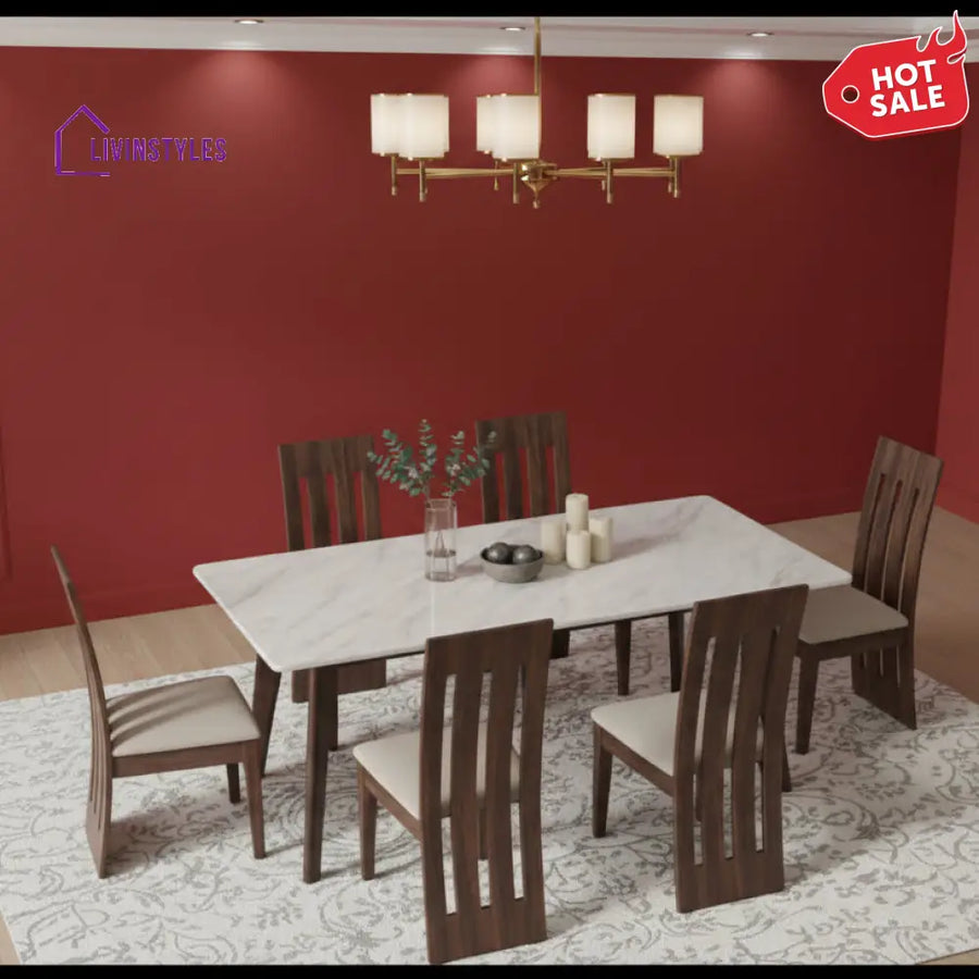 Tuan 6 Seater Dining Sets Compact with White Ceramic Marble Top