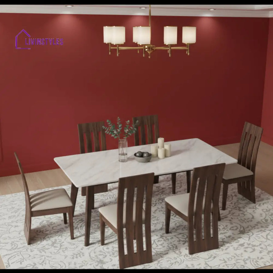 Tuan 6 Seater Dining Sets Compact with White Ceramic Marble Top