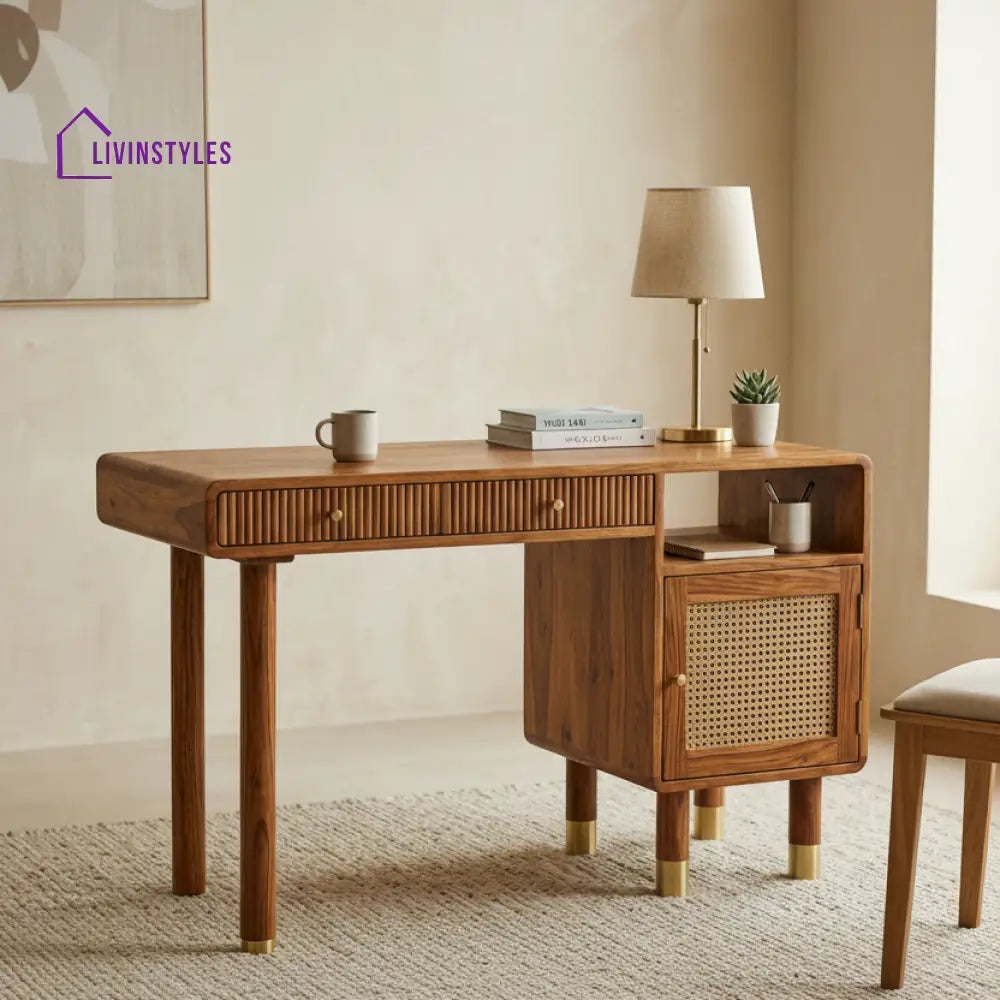 Tuan Modern Designer Sheesham Wood Study Table with Cane Accents & Drawer Storage