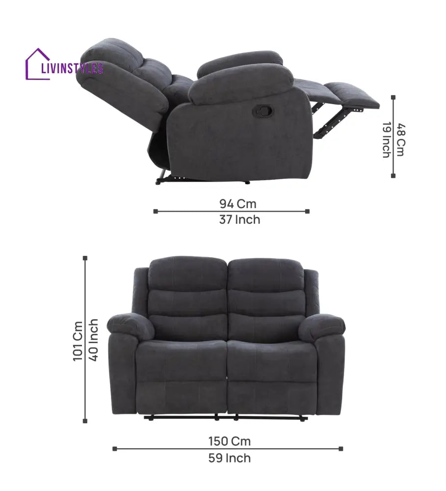 Turin Velvet 2 Seater Motorized Recliner In Davy Grey Colour Recliner