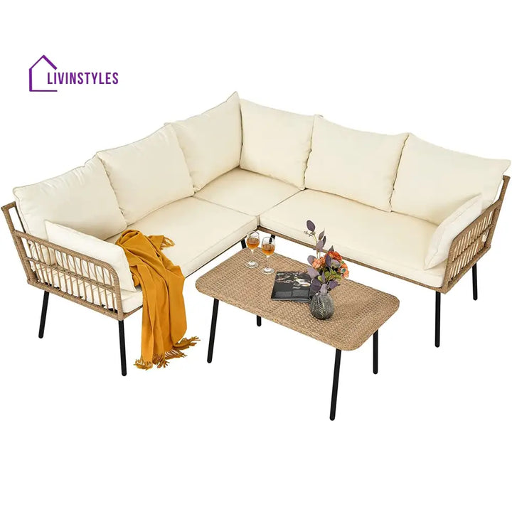Tyamo Outdoor Garden Balcony Sofa Set 5 Seater and 1 Center Table Set (Tan + Beige) - Sofa Sets