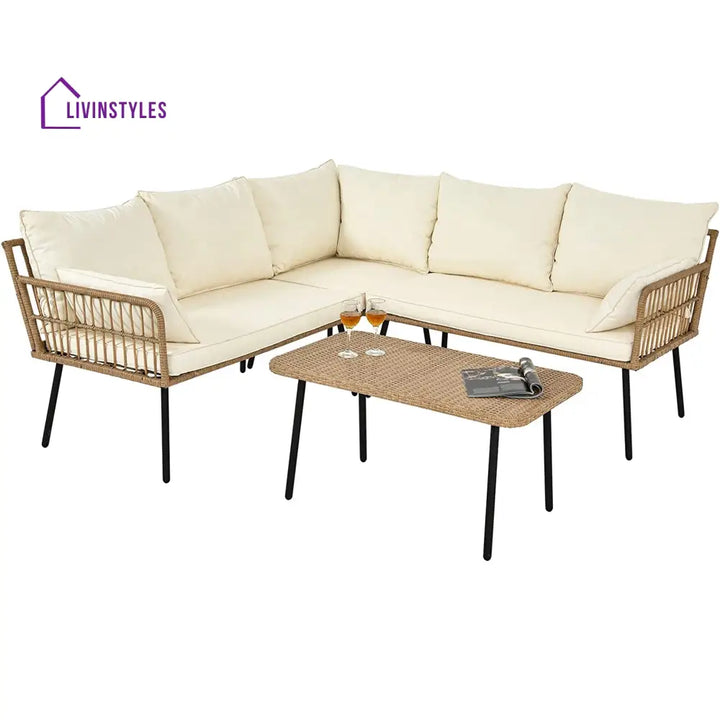 Tyamo Outdoor Garden Balcony Sofa Set 5 Seater and 1 Center Table Set (Tan + Beige) - Sofa Sets