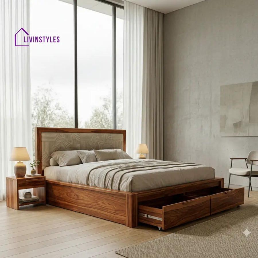 Tyson Premium Sheesham Wood Bed with Fabric Headboard