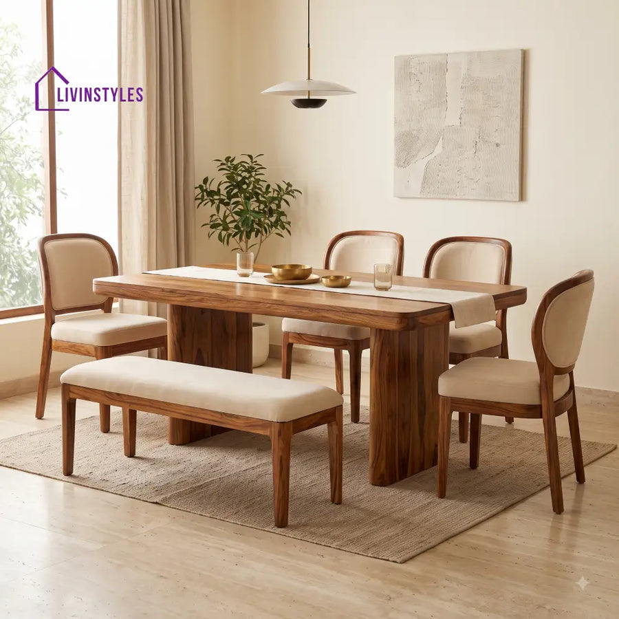 Uchechi Wooden 6 Seater Dining Table Set | 4 Chairs and 1 Bench | Table 72 X 36 X 30 Inch