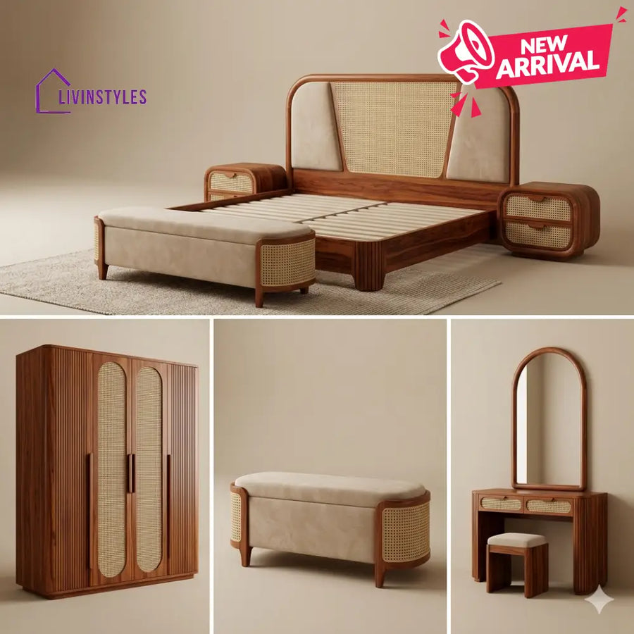 Uday Solid Sheesham Wood Bedroom Set with Bed Bedside Tables Bench Wardrobe & Dresser
