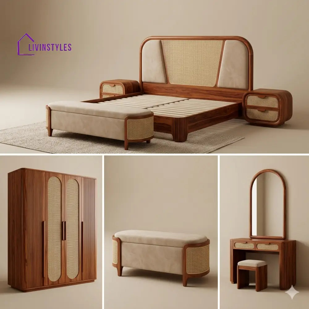 Uday Solid Sheesham Wood Bedroom Set with Bed Bedside Tables Bench Wardrobe & Dresser