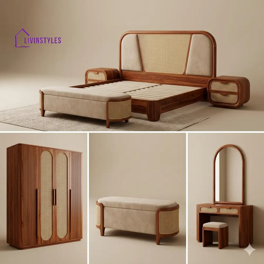 Uday Solid Sheesham Wood Bedroom Set with Bed Bedside Tables Bench Wardrobe & Dresser