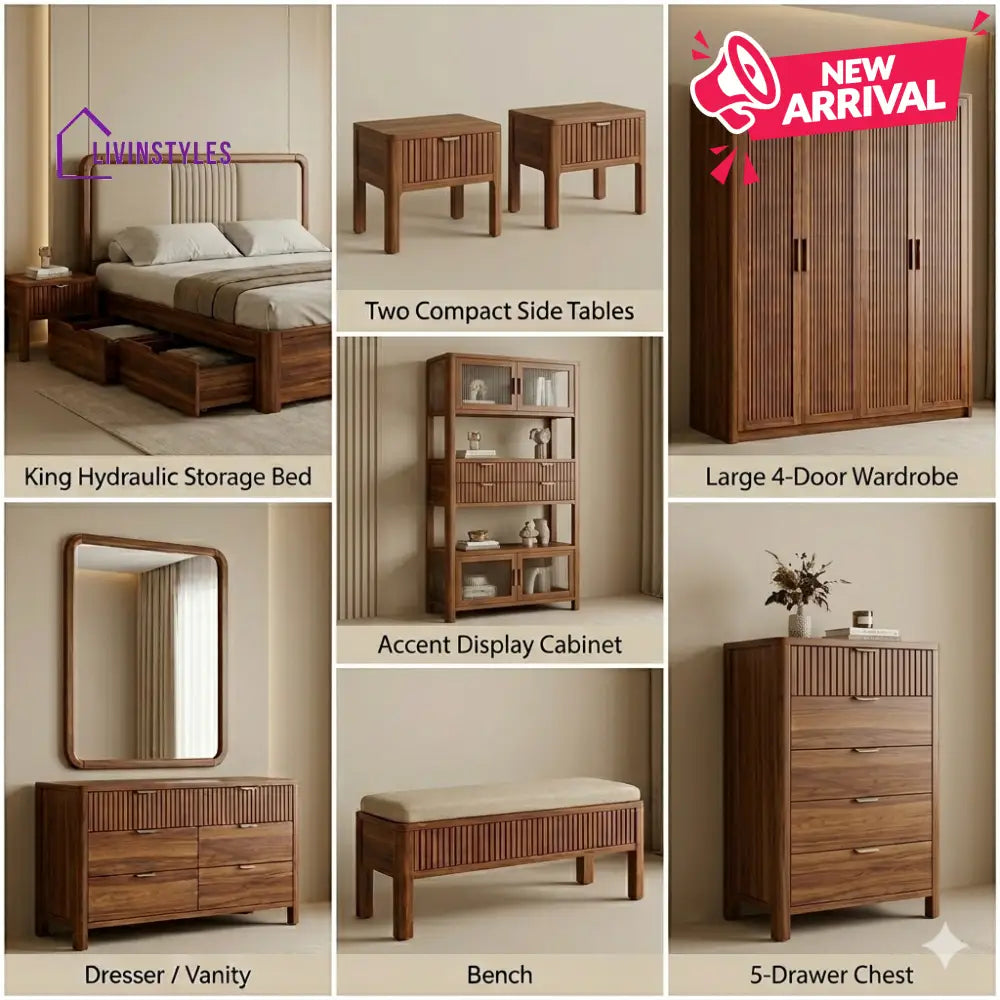 Uday Solid Sheesham Wood Bedroom Set with Bed Bedside Tables Bench Wardrobe & Dresser