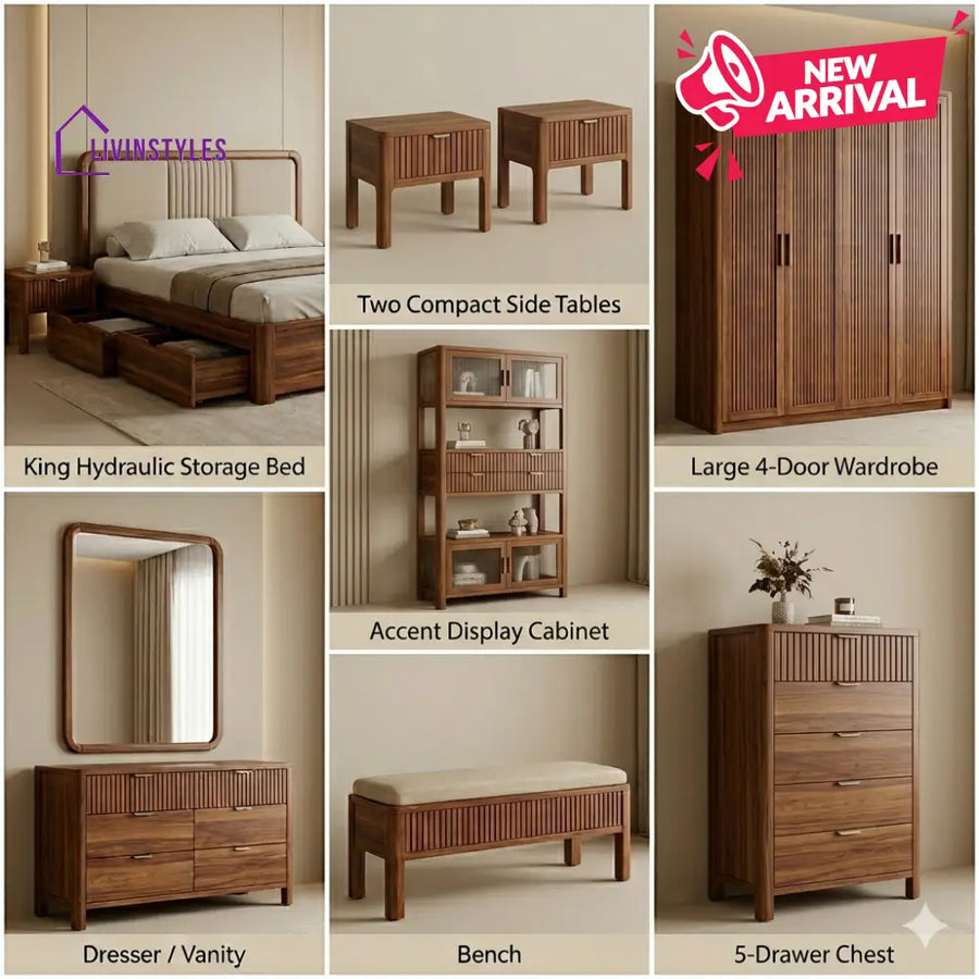 Uday Solid Sheesham Wood Bedroom Set with Bed Bedside Tables Bench Wardrobe & Dresser