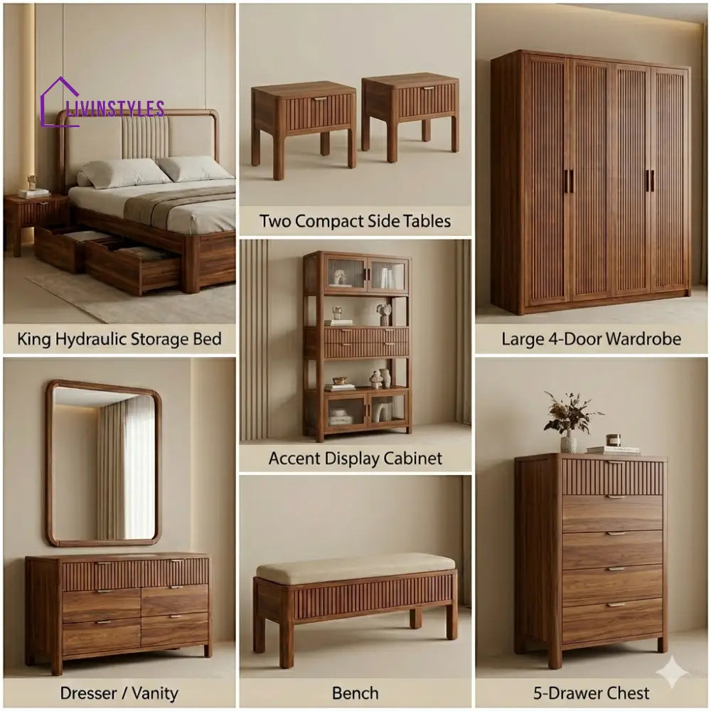 Uday Solid Sheesham Wood Bedroom Set with Bed Bedside Tables Bench Wardrobe & Dresser
