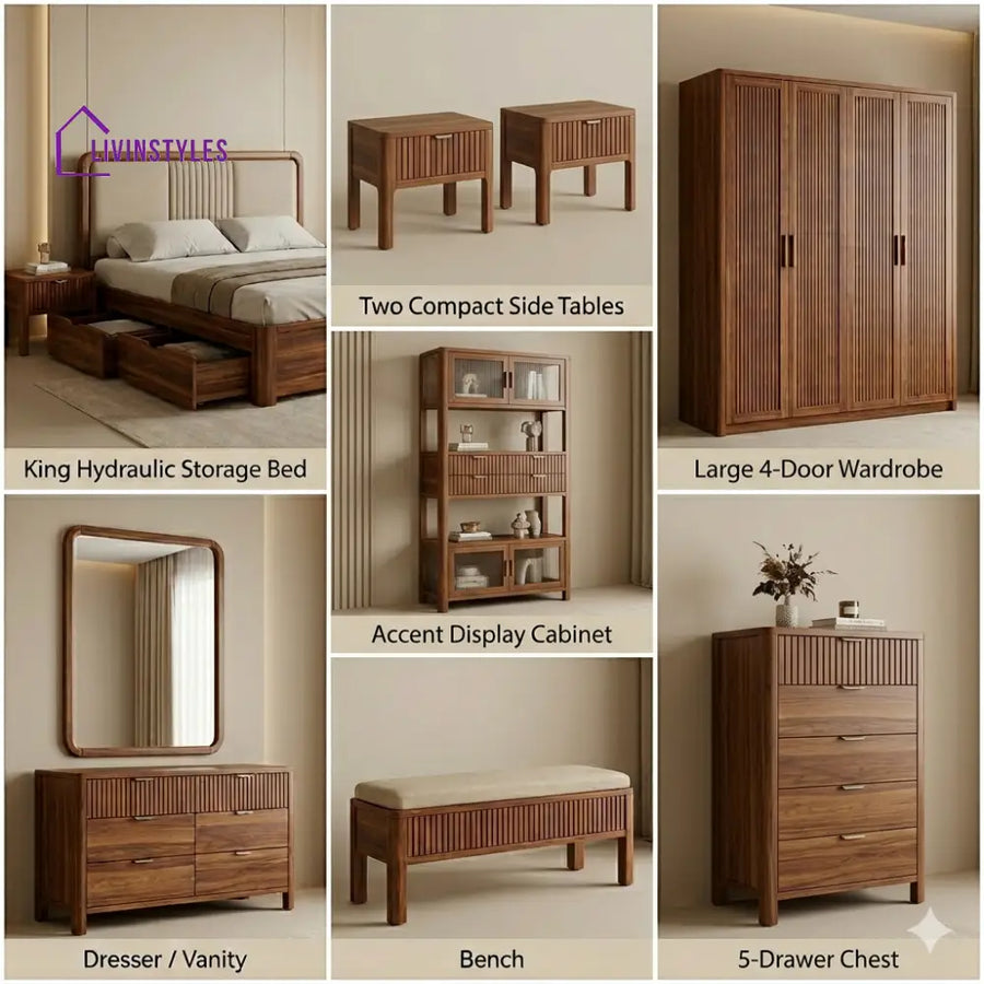 Uday Solid Sheesham Wood Bedroom Set with Bed Bedside Tables Bench Wardrobe & Dresser