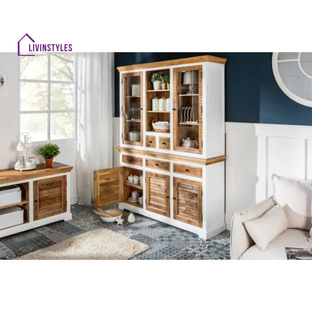 Uday White Wave Solid Wood Crockery Cabinet