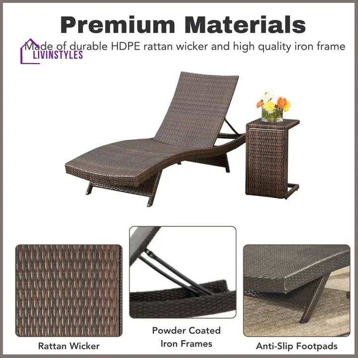 Udita Outdoor All-Weather HDPE Wicker Rattan Sunlounger Recliner with Side Table - Lounger Set