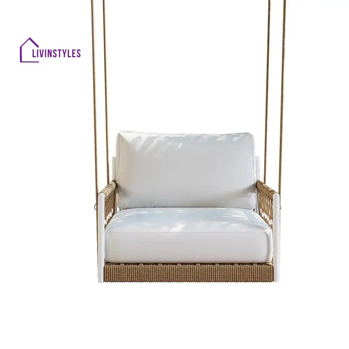 Ulek Single Seater Hanging Swing Without Stand For Balcony Garden Swing (White + Tan) Braided & Rope - Swings