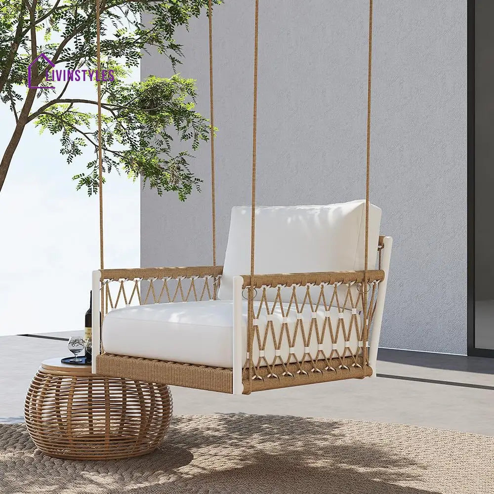 Ulek Single Seater Hanging Swing Without Stand For Balcony Garden Swing (White + Tan) Braided & Rope - Swings