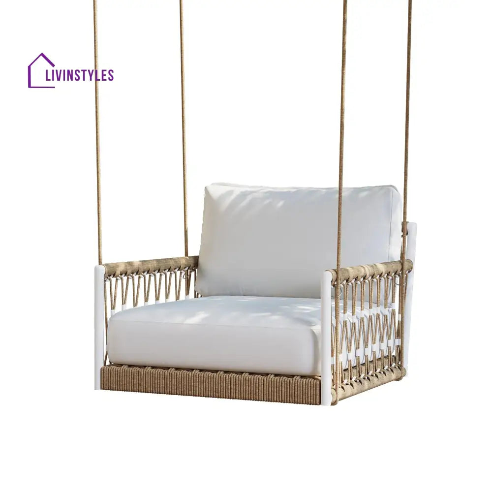 Ulek Single Seater Hanging Swing Without Stand For Balcony Garden Swing (White + Tan) Braided & Rope - Swings