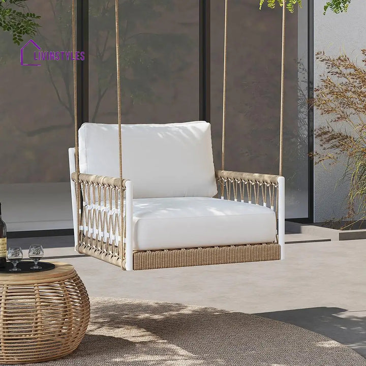 Ulek Single Seater Hanging Swing Without Stand For Balcony Garden Swing (White + Tan) Braided & Rope - Swings