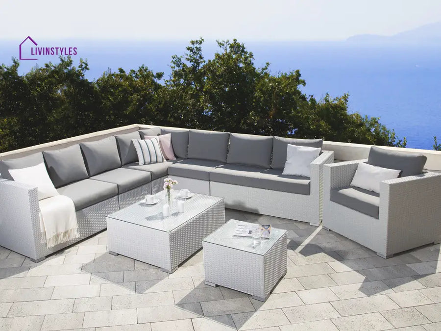Ulva Outdoor Sofa Set 8 Seater Single Seater and 2 Center Table Set (White + Grey) - Sofa Sets