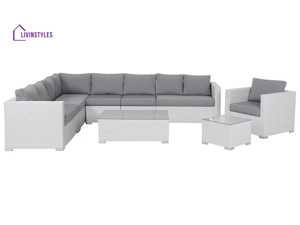 Ulva Outdoor Sofa Set 8 Seater Single Seater and 2 Center Table Set (White + Grey) - Sofa Sets