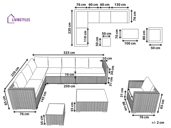 Ulva Outdoor Sofa Set 8 Seater Single Seater and 2 Center Table Set (White + Grey) - Sofa Sets