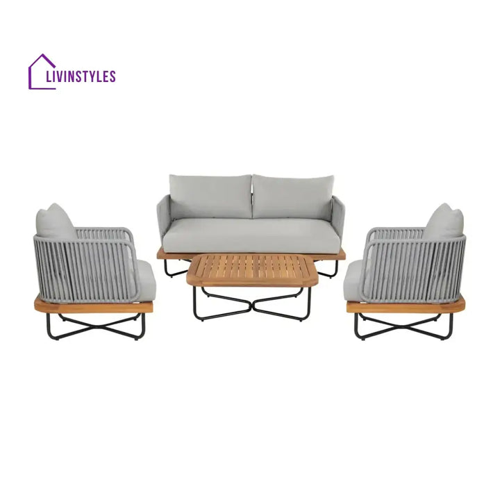 Uma Outdoor 4-Piece Rope Woven Conversation Sofa Set with Wooden Top Table - Sofa Set