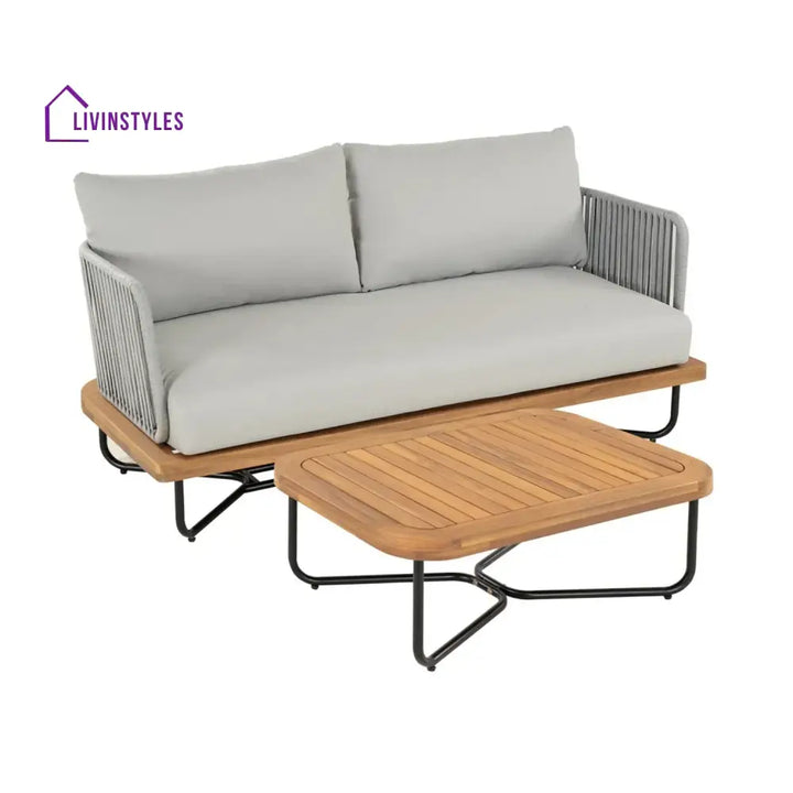Uma Outdoor 4-Piece Rope Woven Conversation Sofa Set with Wooden Top Table - Sofa Set