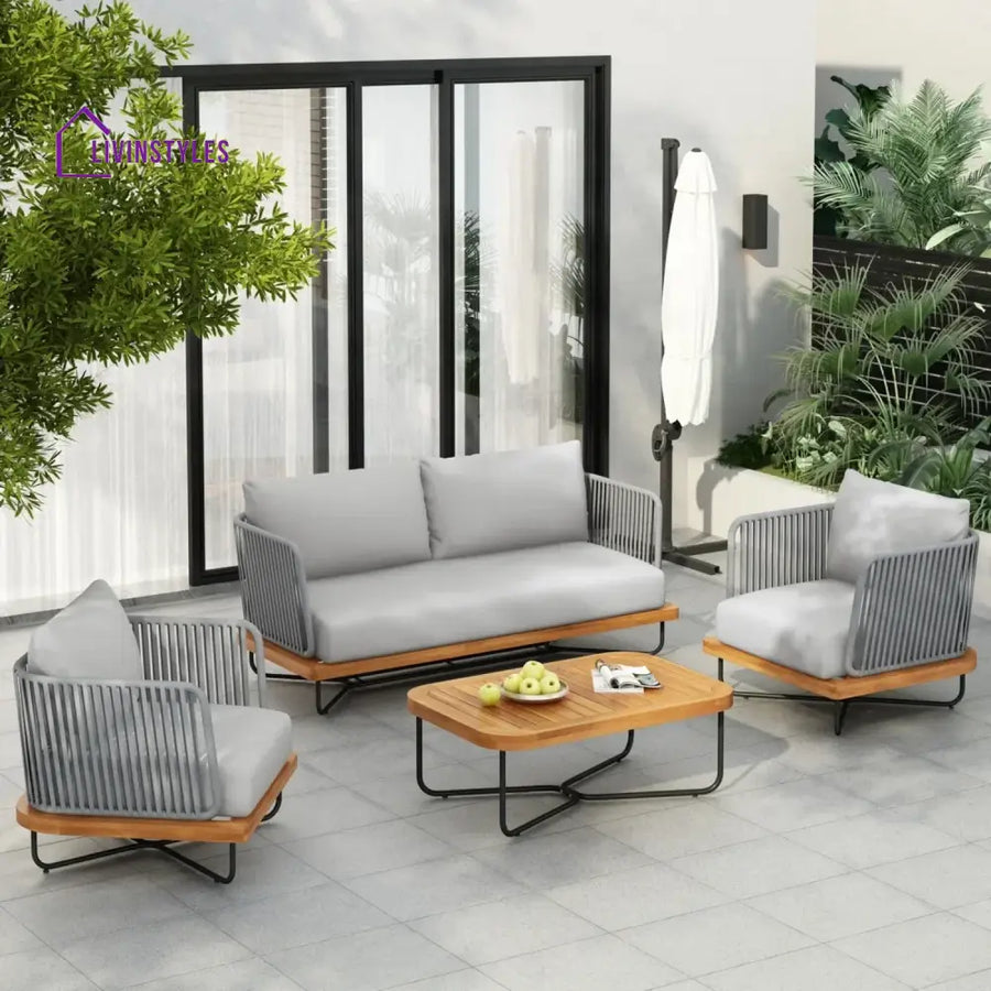Uma Outdoor 4-Piece Rope Woven Conversation Sofa Set with Wooden Top Table - Sofa Set