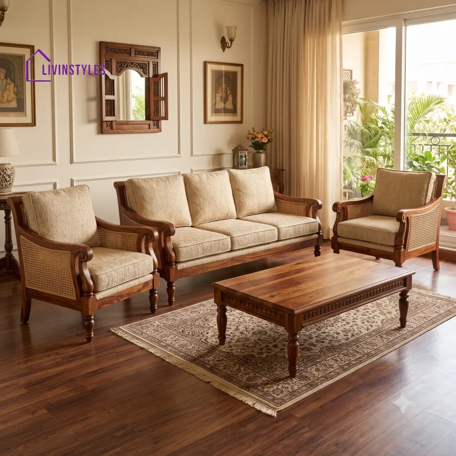 Uma Wooden Sofa Set | 3 + 1 + 1 Sheesham Wood Sofa Set for Living Room