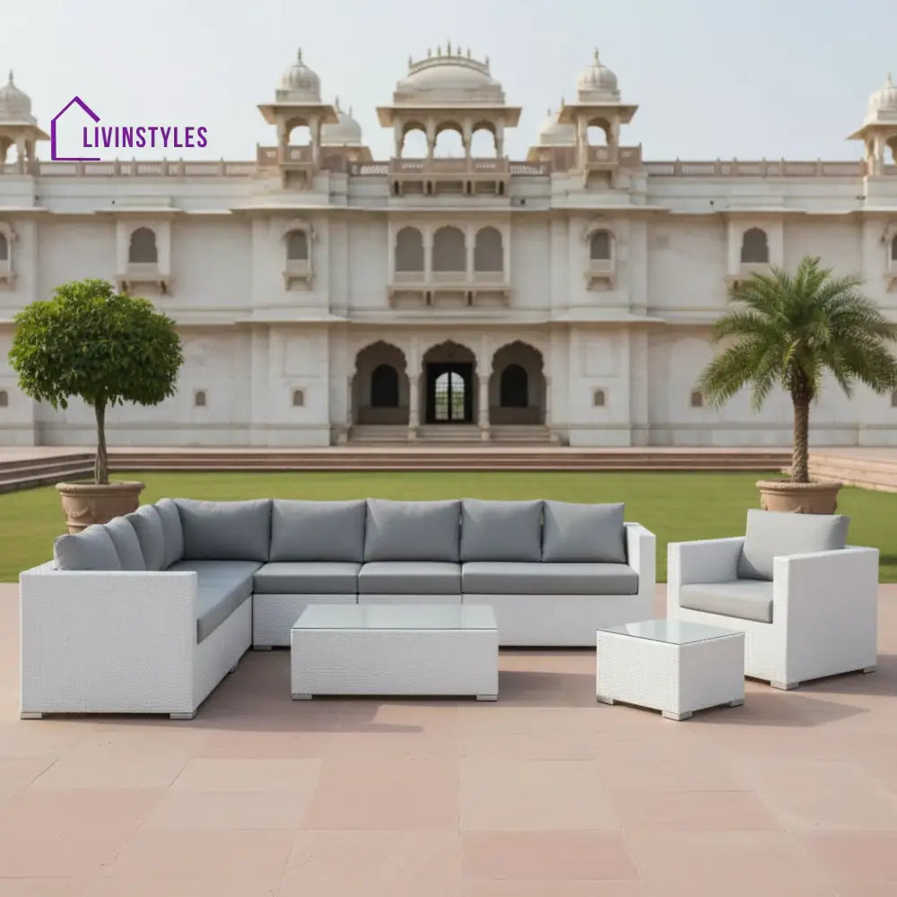Unnati Outdoor Sofa Set 8 Seater | Single And 2 Center Table (White + Grey) Sets