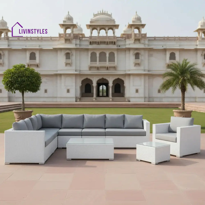 Unnati Outdoor Sofa Set 8 Seater | Single And 2 Center Table (White + Grey) Sets