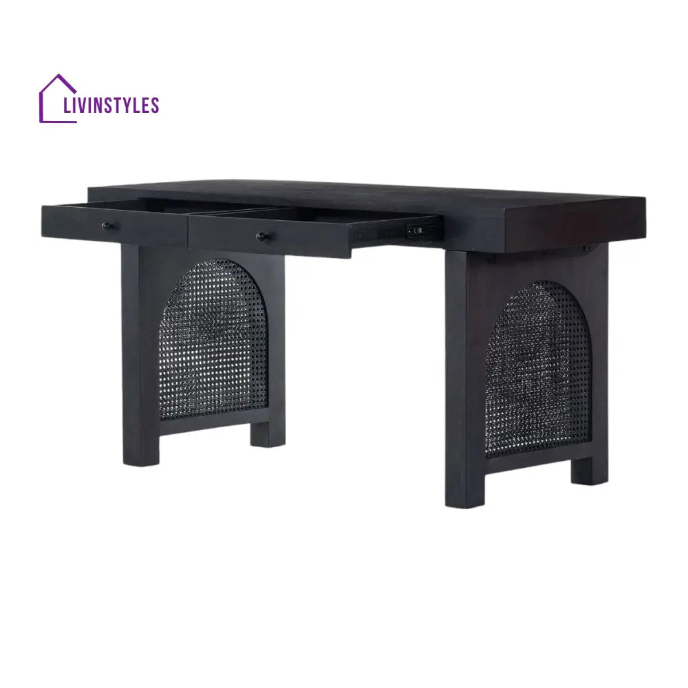 Ushini Solid Mango Wood & Rattan Desk