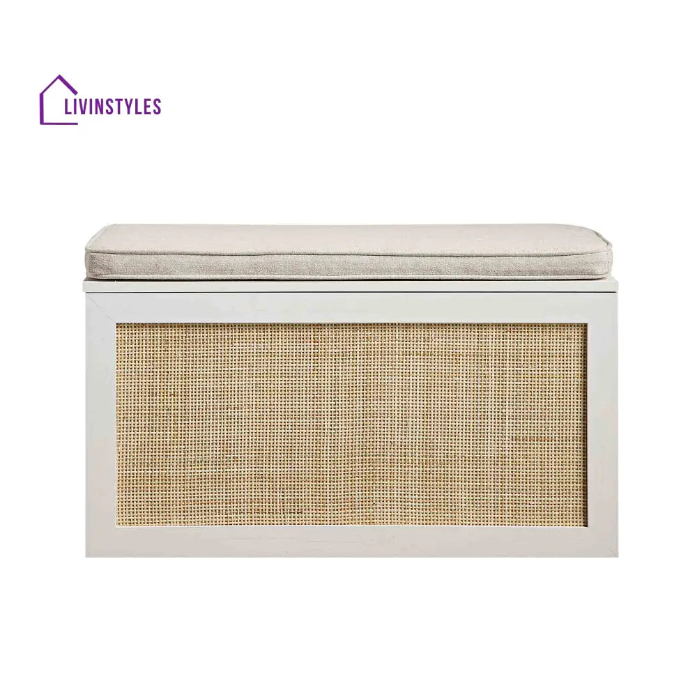 Frances Woven Rattan Double Storage Stool with Cushion White Cabinets & Chests