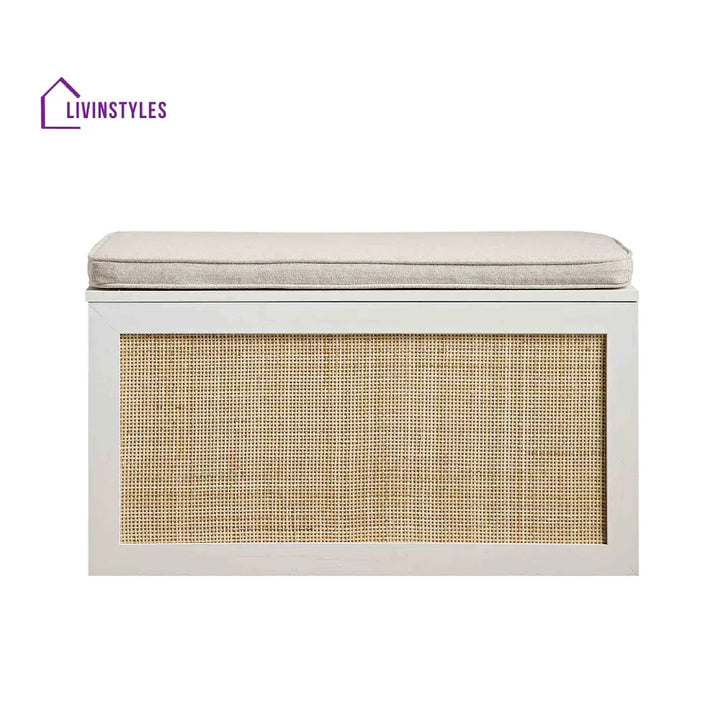 Frances Woven Rattan Double Storage Stool with Cushion White Cabinets & Chests