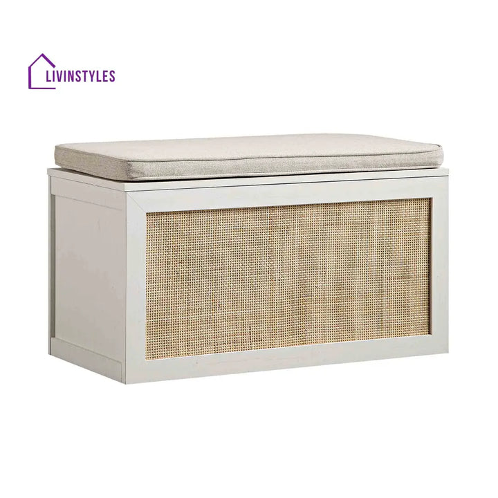Frances Woven Rattan Double Storage Stool with Cushion White Cabinets & Chests