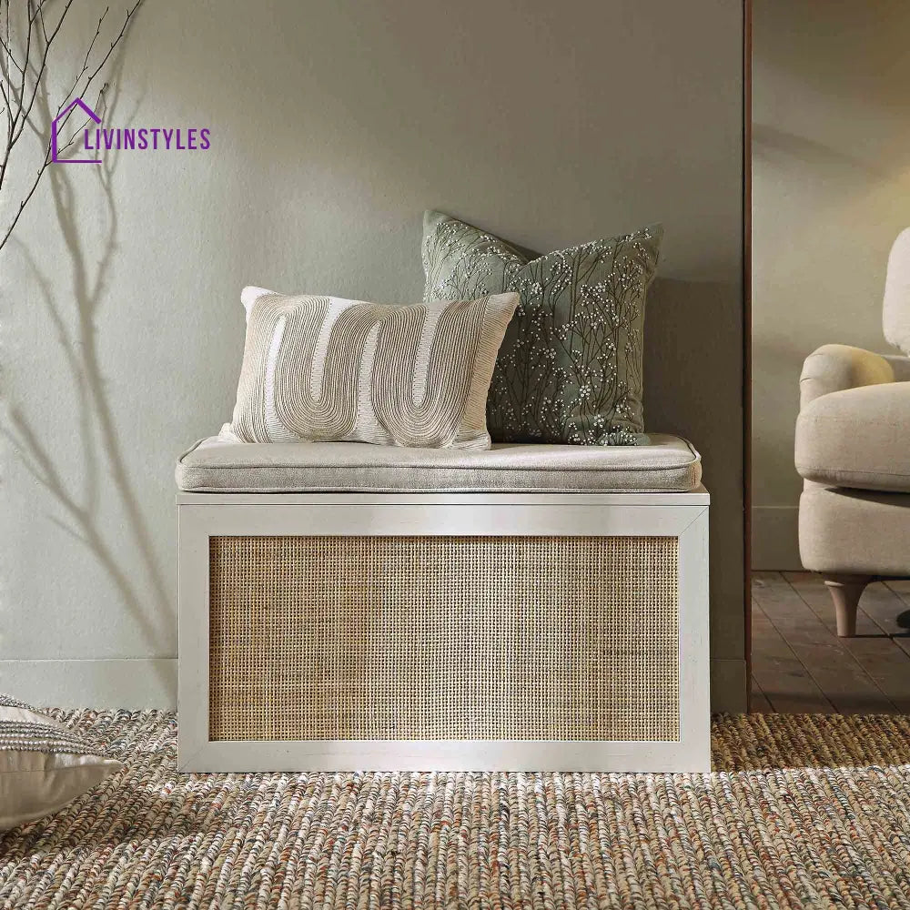 Frances Woven Rattan Double Storage Stool with Cushion White Cabinets & Chests