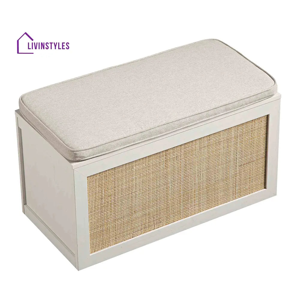 Frances Woven Rattan Double Storage Stool with Cushion White Cabinets & Chests