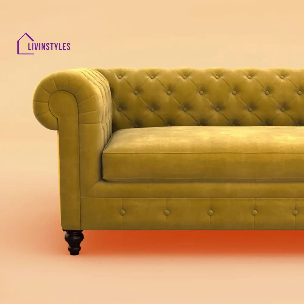Vaani Fabric 3 Seater Sofa (Velvet Mustard Yellow)