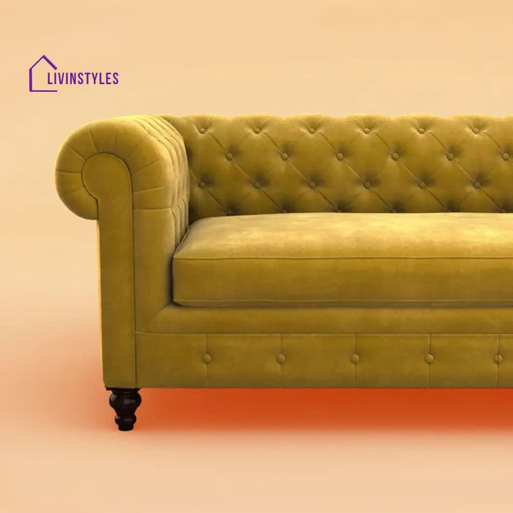 Vaani Fabric 3 Seater Sofa (Velvet Mustard Yellow)