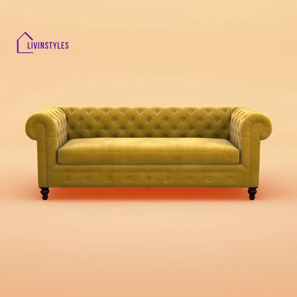 Vaani Fabric 3 Seater Sofa (Velvet Mustard Yellow)