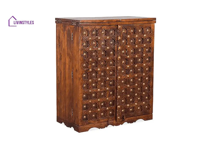 Vadym Solid Wood Bar Cabinet L 188 x D 50 x H 101 cm (Opened) L 94 x D 50 x H 104 cm (Compact) / Honey Bar