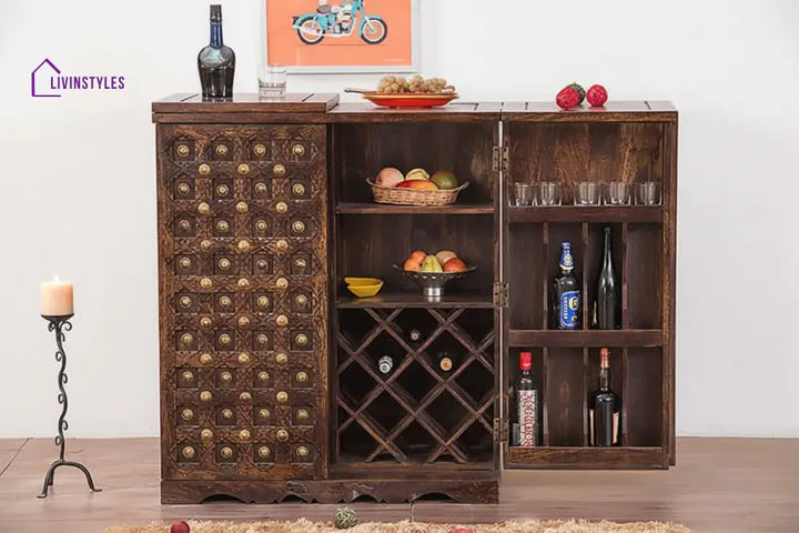 Vadym Solid Wood Bar Cabinet L 188 x D 50 x H 101 cm (Opened) L 94 x D 50 x H 104 cm (Compact) / Walnut Bar