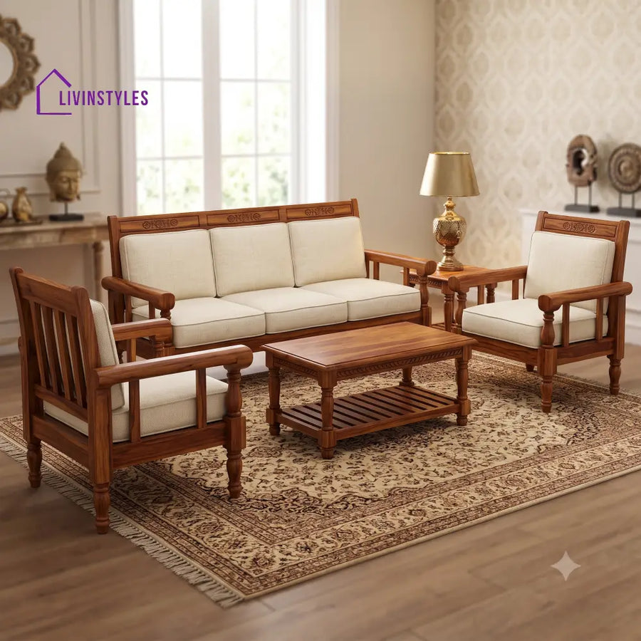 Vaidehi Wooden Sofa Set | 3 + 1 + 1 Sheesham Wood Sofa Set for Living Room