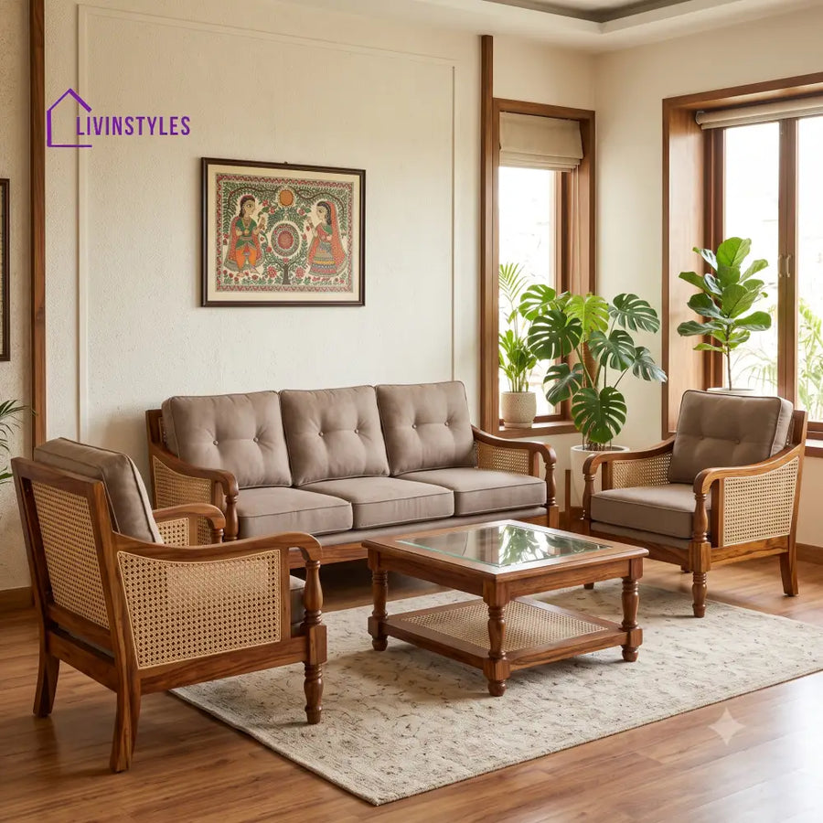 Vaishali Wooden Sofa Set | 3 + 1 + 1 Sheesham Wood Sofa Set for Living Room