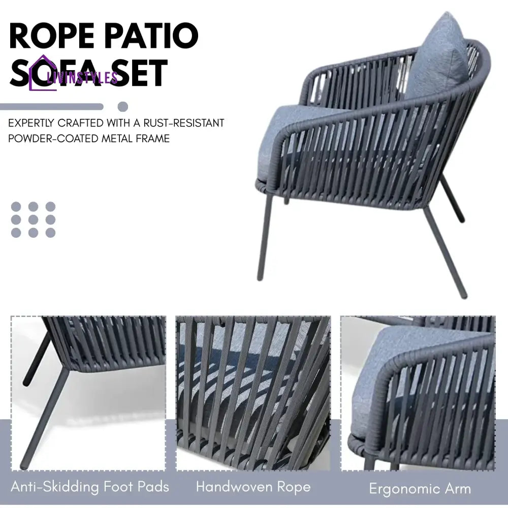 Valencia 4-Piece Outdoor Rope Patio Sofa Set (Grey) - Sofa Set