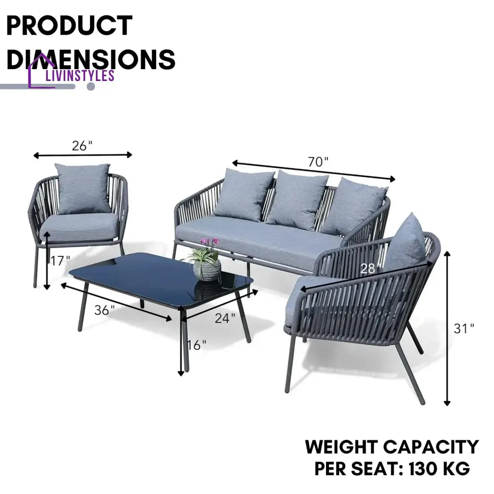 Valencia 4-Piece Outdoor Rope Patio Sofa Set (Grey) - Sofa Set